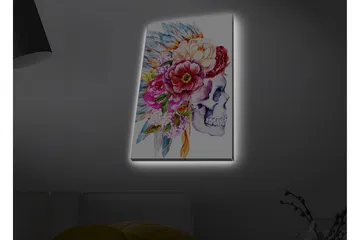 Canvastavla med LED-belysning - Skalle dekorerad med färgglada blommor och fjädrar - Lila / Rosa / Grönt - Inredning - Tavlor & posters - Canvastavla