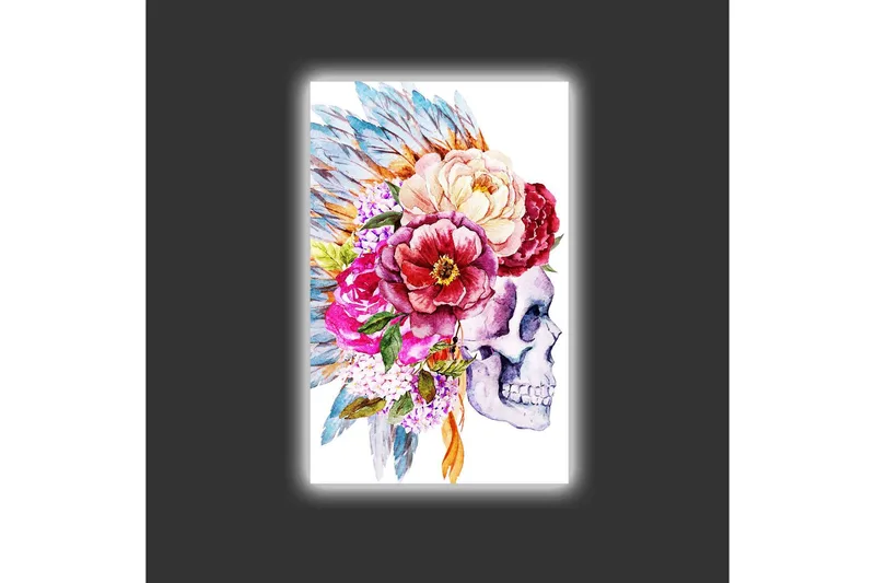 Canvastavla med LED-belysning - Skalle dekorerad med färgglada blommor och fjädrar - Lila / Rosa / Grönt - Inredning - Tavlor & posters - Canvastavla