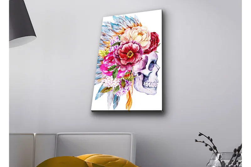 Canvastavla med LED-belysning - Skalle dekorerad med färgglada blommor och fjädrar, Lila / Rosa / Grönt