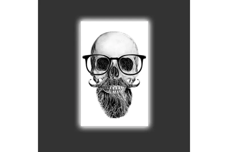 Canvastavla med LED-belysning - Skalle med glasögon och mustasch - Svart / Grå / Vit - Inredning - Tavlor & posters - Canvastavla