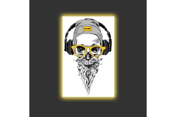 Canvastavla med LED-belysning - Skalle med hörlurar och glasögon i en modern stil - Svart / Gult / Grått - Inredning - Tavlor & posters - Canvastavla