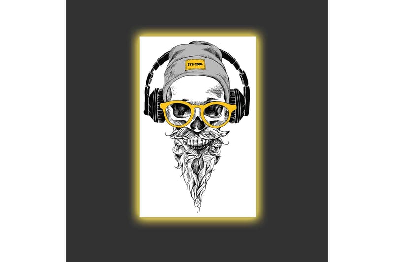 Canvastavla med LED-belysning - Skalle med hörlurar och glasögon i en modern stil - Svart / Gult / Grått - Inredning - Tavlor & posters - Canvastavla