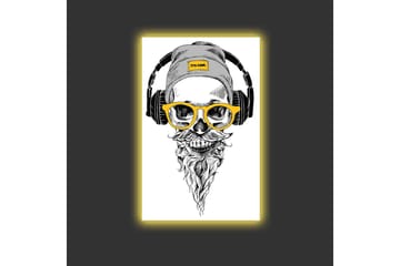 Canvastavla med LED-belysning - Skalle med hörlurar och glasögon i en modern stil - Svart / Gult / Grått - Inredning - Tavlor & posters - Canvastavla