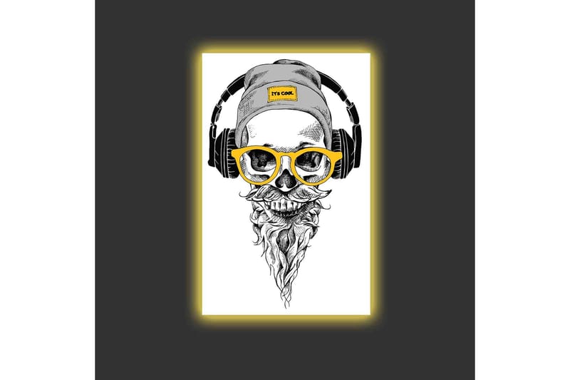 Canvastavla med LED-belysning - Skalle med hörlurar och glasögon i en modern stil - Svart / Gult / Grått - Inredning - Tavlor & posters - Canvastavla