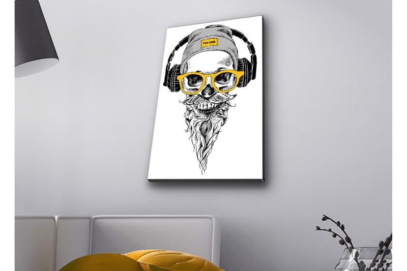 Canvastavla med LED-belysning - Skalle med hörlurar och glasögon i en modern stil - Svart / Gult / Grått - Inredning - Tavlor & posters - Canvastavla