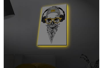 Canvastavla med LED-belysning - Skalle med hörlurar och glasögon i en modern stil - Svart / Gult / Grått - Inredning - Tavlor & posters - Canvastavla
