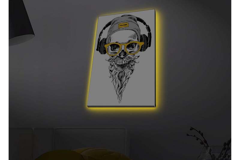 Canvastavla med LED-belysning - Skalle med hörlurar och glasögon i en modern stil, Svart / Gult / Grått
