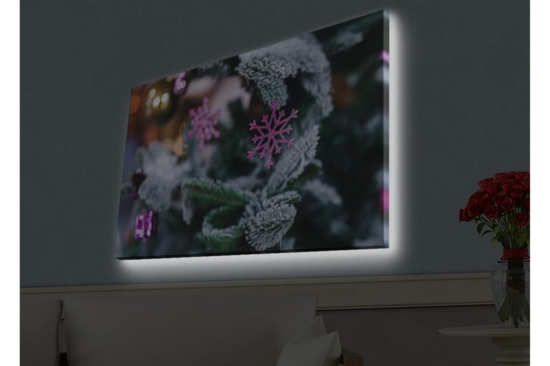Canvastavla med LED-belysning - Snöflingor på en grön gran med juldekorationer - Grön / Vit / Rosa - Inredning - Tavlor & posters - Canvastavla