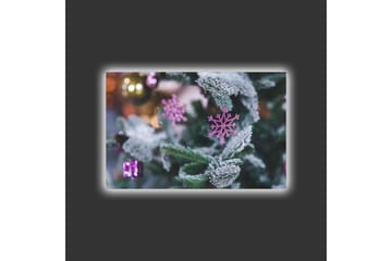 Canvastavla med LED-belysning - Snöflingor på en grön gran med juldekorationer - Grön / Vit / Rosa - Inredning - Tavlor & posters - Canvastavla