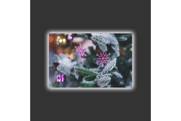 Canvastavla med LED-belysning - Snöflingor på en grön gran med juldekorationer - Grön / Vit / Rosa - Inredning - Tavlor & posters - Canvastavla