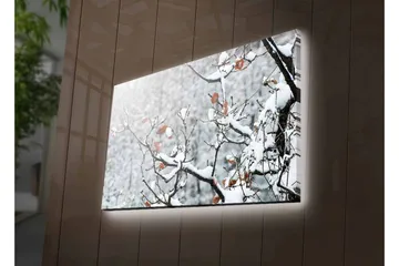 Canvastavla med LED-belysning - Snöklädda grenar med bruna löv - Vitt / Brunt / Grått - Inredning - Tavlor & posters - Canvastavla