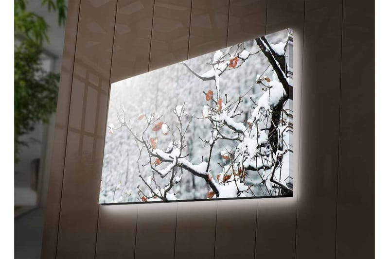Canvastavla med LED-belysning - Snöklädda grenar med bruna löv - Vitt / Brunt / Grått - Inredning - Tavlor & posters - Canvastavla