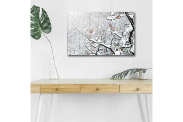 Canvastavla med LED-belysning - Snöklädda grenar med bruna löv - Vitt / Brunt / Grått - Inredning - Tavlor & posters - Canvastavla