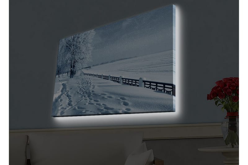 Canvastavla med LED-belysning - Snötäckt landskap med spår i snön och träd längs en väg - Vit / Ljusblå / Grå - Inredning - Tavlor & posters - Canvastavla