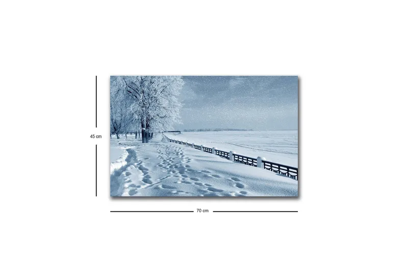 Canvastavla med LED-belysning - Snötäckt landskap med spår i snön och träd längs en väg - Vit / Ljusblå / Grå - Inredning - Tavlor & posters - Canvastavla