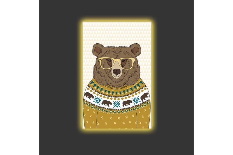 Canvastavla med LED-belysning - Snygg björn med glasögon i en mönstrad tröja - Brun / Gul / Blå - Inredning - Tavlor & posters - Canvastavla