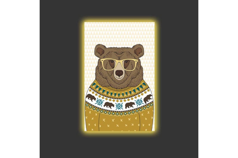 Canvastavla med LED-belysning - Snygg björn med glasögon i en mönstrad tröja - Brun / Gul / Blå - Inredning - Tavlor & posters - Canvastavla