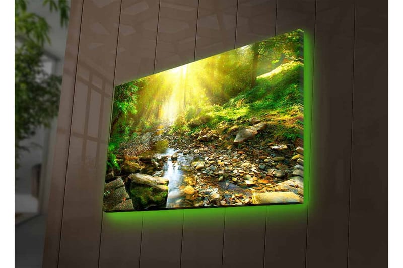 Canvastavla med LED-belysning - Solbelyst skog med en porlande bäck - Grön / Gul / Brun - Inredning - Tavlor & posters - Canvastavla