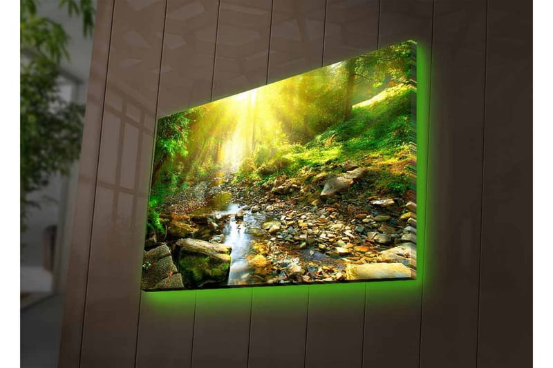 Canvastavla med LED-belysning - Solbelyst skog med en porlande bäck - Grön / Gul / Brun - Inredning - Tavlor & posters - Canvastavla