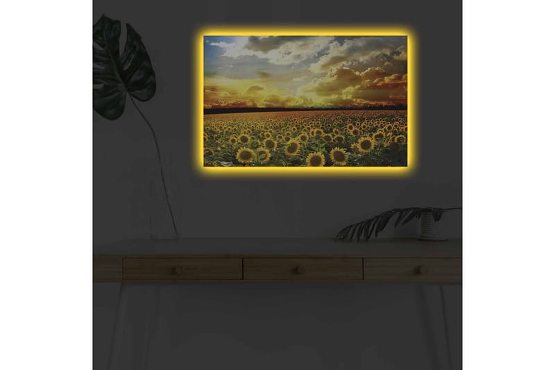 Canvastavla med LED-belysning - Solfältslandskap med strålande solnedgång - Gult / Grönt / Orange - Inredning - Tavlor & posters - Canvastavla