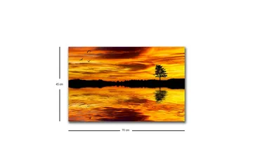 Canvastavla med LED-belysning - Solnedgång över en spegelblanka sjö med silhouett av ett träd - Guld / Orange / Svart - Inredning - Tavlor & posters - Canvastavla