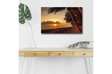Canvastavla med LED-belysning - Solnedgång över en strand med palmer i förgrunden - Orange / Mörkgrön / Brun - Inredning - Tavlor & posters - Canvastavla