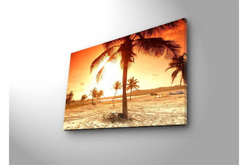 Canvastavla med LED-belysning - Solnedgång över en strand med palmer - Orange / Guld / Beige - Inredning - Tavlor & posters - Canvastavla