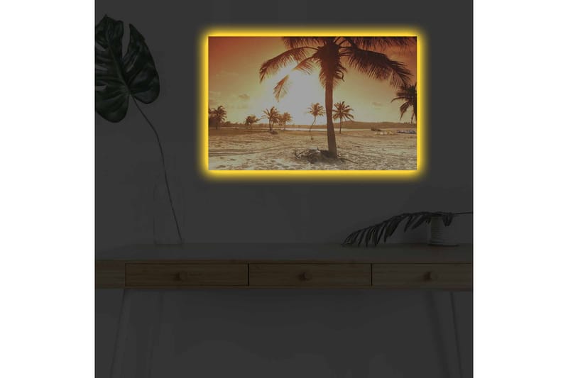 Canvastavla med LED-belysning - Solnedgång över en strand med palmer - Orange / Guld / Beige - Inredning - Tavlor & posters - Canvastavla