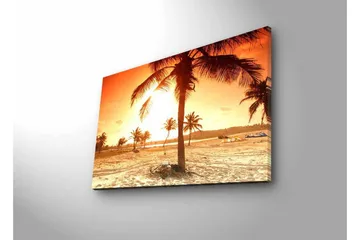 Canvastavla med LED-belysning - Solnedgång över en strand med palmer - Orange / Guld / Beige - Inredning - Tavlor & posters - Canvastavla