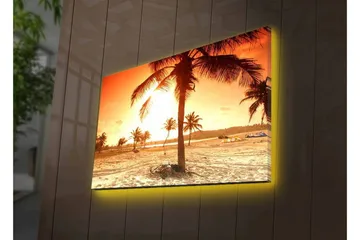 Canvastavla med LED-belysning - Solnedgång över en strand med palmer - Orange / Guld / Beige - Inredning - Tavlor & posters - Canvastavla