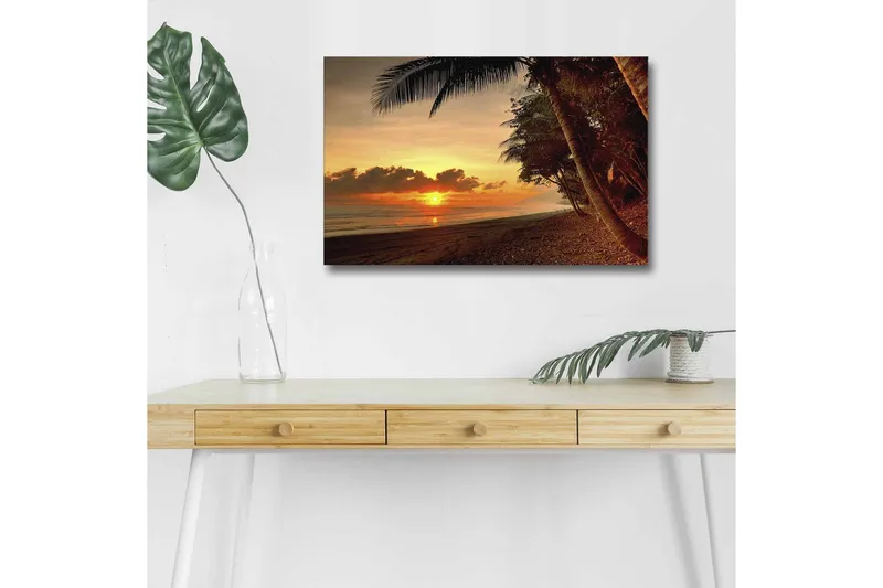 Canvastavla med LED-belysning - Solnedgång över en strand med palmer i förgrunden, Orange / Mörkgrön / Brun