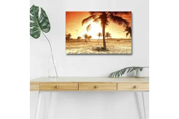 Canvastavla med LED-belysning - Solnedgång över en strand med palmer - Orange / Guld / Beige - Inredning - Tavlor & posters - Canvastavla