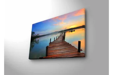 Canvastavla med LED-belysning - Solnedgång över en träbrygga vid vattnet - Orange / Blå / Brun - Inredning - Tavlor & posters - Canvastavla