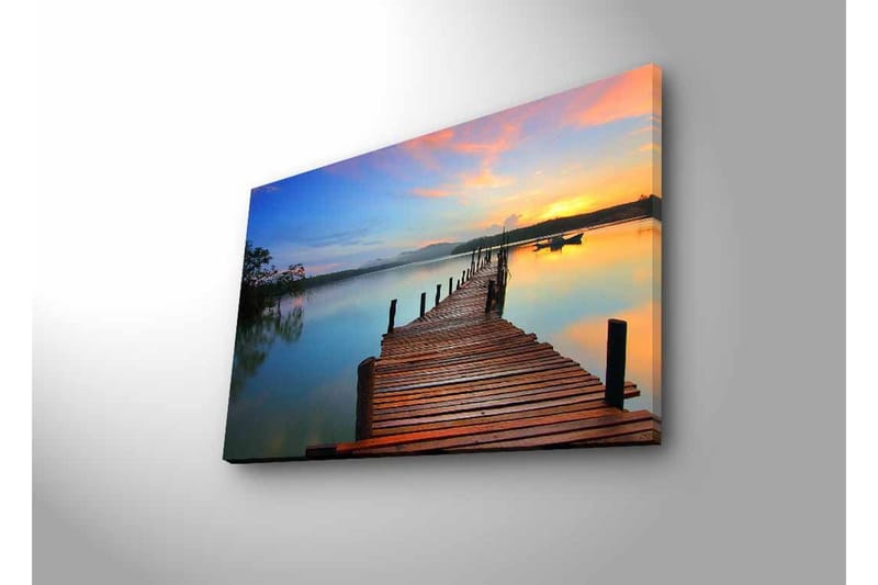 Canvastavla med LED-belysning - Solnedgång över en träbrygga vid vattnet - Orange / Blå / Brun - Inredning - Tavlor & posters - Canvastavla