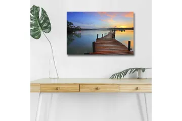 Canvastavla med LED-belysning - Solnedgång över en träbrygga vid vattnet - Orange / Blå / Brun - Inredning - Tavlor & posters - Canvastavla