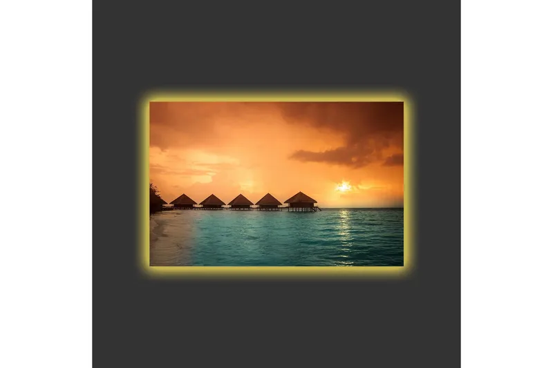 Canvastavla med LED-belysning - Solnedgång över en tropisk strand med övervattensbungalower - Orange / Turkos - Inredning - Tavlor & posters - Canvastavla