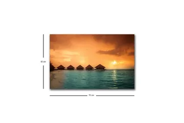 Canvastavla med LED-belysning - Solnedgång över en tropisk strand med övervattensbungalower - Orange / Turkos - Inredning - Tavlor & posters - Canvastavla