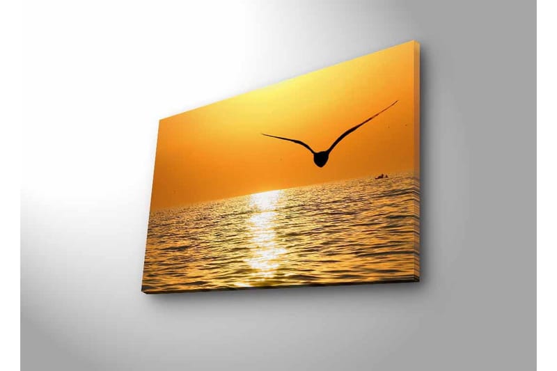 Canvastavla med LED-belysning - Solnedgång över havet med en fågel i flykt - Guld / Orange / Svart - Inredning - Tavlor & posters - Canvastavla