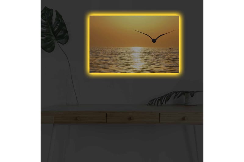 Canvastavla med LED-belysning - Solnedgång över havet med en fågel i flykt - Guld / Orange / Svart - Inredning - Tavlor & posters - Canvastavla