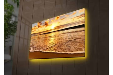 Canvastavla med LED-belysning - Solnedgång över havet med reflektioner på vattnet - Guld / Blå / Sandbeige - Inredning - Tavlor & posters - Canvastavla