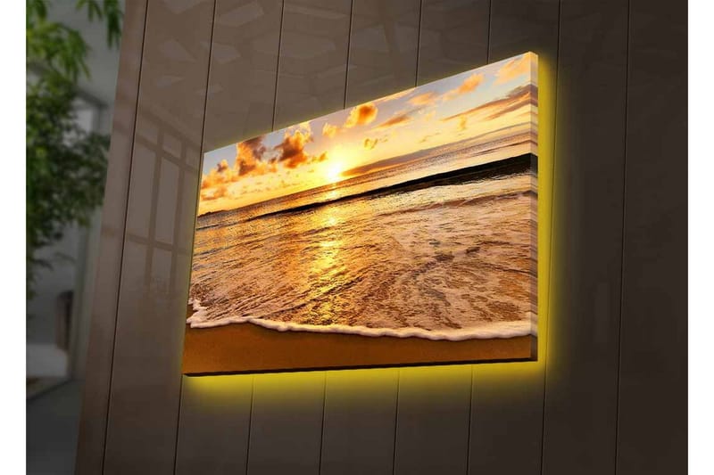 Canvastavla med LED-belysning - Solnedgång  över havet med reflektioner på vattnet - Guld / Blå / Sandbeige - Inredning - Tavlor & posters - Canvastavla