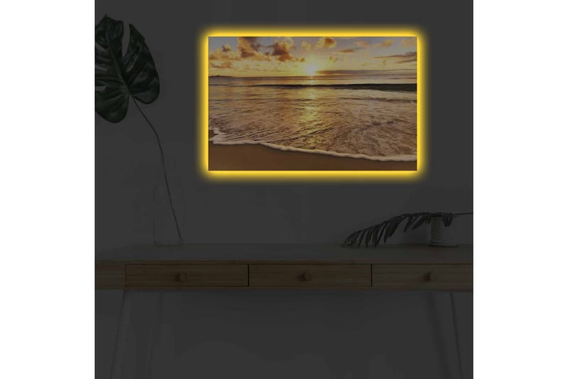 Canvastavla med LED-belysning - Solnedgång över havet med reflektioner på vattnet - Guld / Blå / Sandbeige - Inredning - Tavlor & posters - Canvastavla