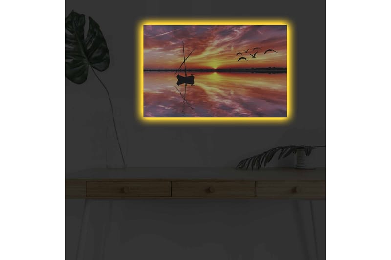 Canvastavla med LED-belysning - Solnedgång över stilla vatten med en båt och flygande fåglar - Orange / Lila / Blå - Inredning - Tavlor & posters - Canvastavla