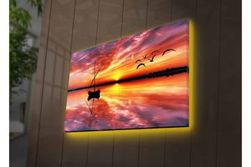Canvastavla med LED-belysning - Solnedgång över stilla vatten med en båt och flygande fåglar - Orange / Lila / Blå - Inredning - Tavlor & posters - Canvastavla