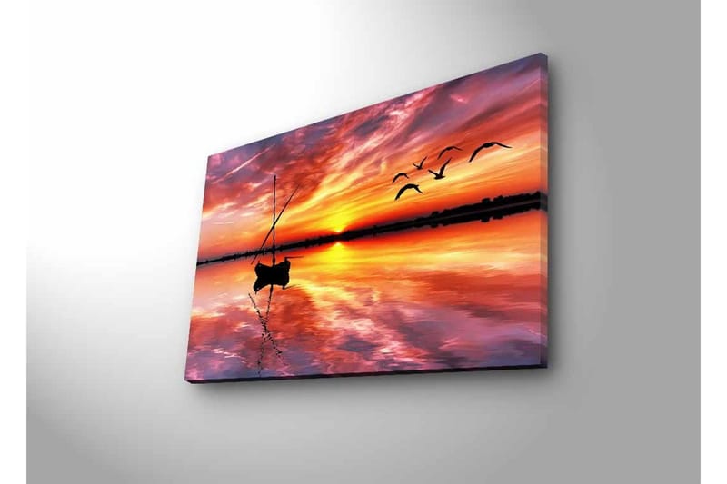 Canvastavla med LED-belysning - Solnedgång över stilla vatten med en båt och flygande fåglar - Orange / Lila / Blå - Inredning - Tavlor & posters - Canvastavla