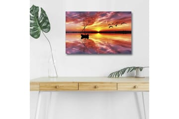 Canvastavla med LED-belysning - Solnedgång över stilla vatten med en båt och flygande fåglar - Orange / Lila / Blå - Inredning - Tavlor & posters - Canvastavla