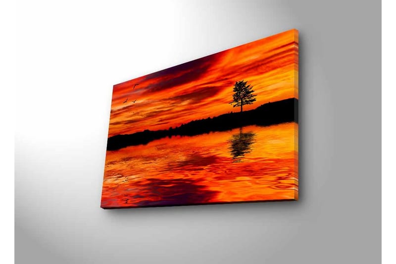 Canvastavla med LED-belysning - Solnedgång över stilla vatten med silhouett av ett ensamt träd - Orange / Röd / Svart - Inredning - Tavlor & posters - Canvastavla