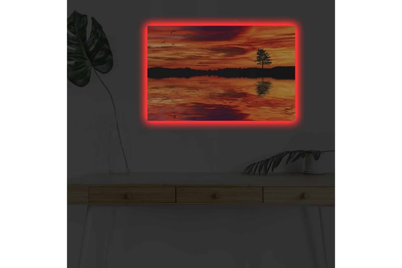 Canvastavla med LED-belysning - Solnedgång över stilla vatten med silhouett av ett ensamt träd - Orange / Röd / Svart - Inredning - Tavlor & posters - Canvastavla