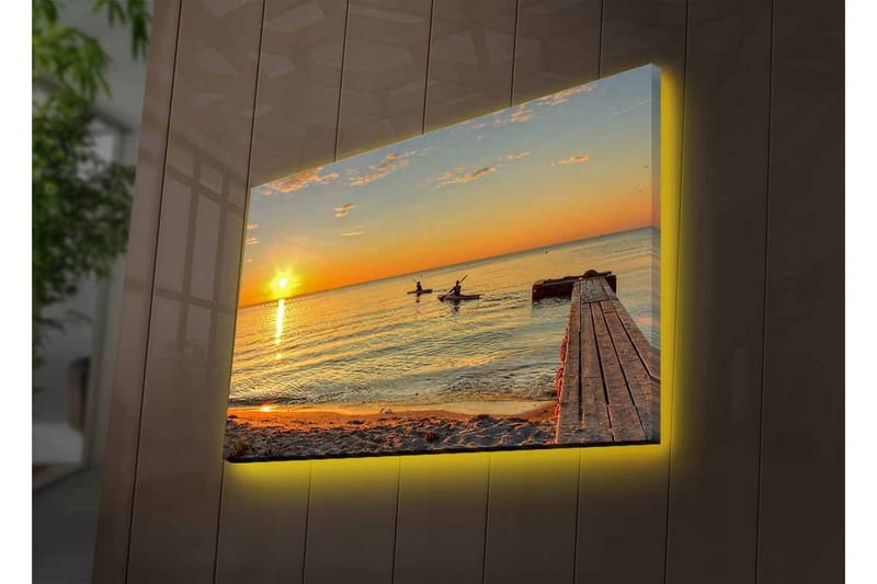Canvastavla med LED-belysning - Solnedgång över stilla vatten med paddlare i horisonten - Guld / Orange / Blå - Inredning - Tavlor & posters - Canvastavla