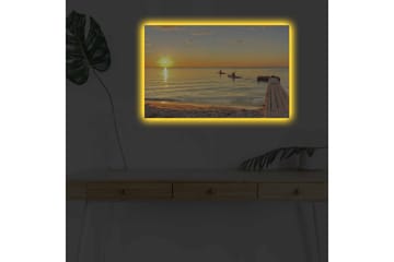 Canvastavla med LED-belysning - Solnedgång över stilla vatten med paddlare i horisonten - Guld / Orange / Blå - Inredning - Tavlor & posters - Canvastavla